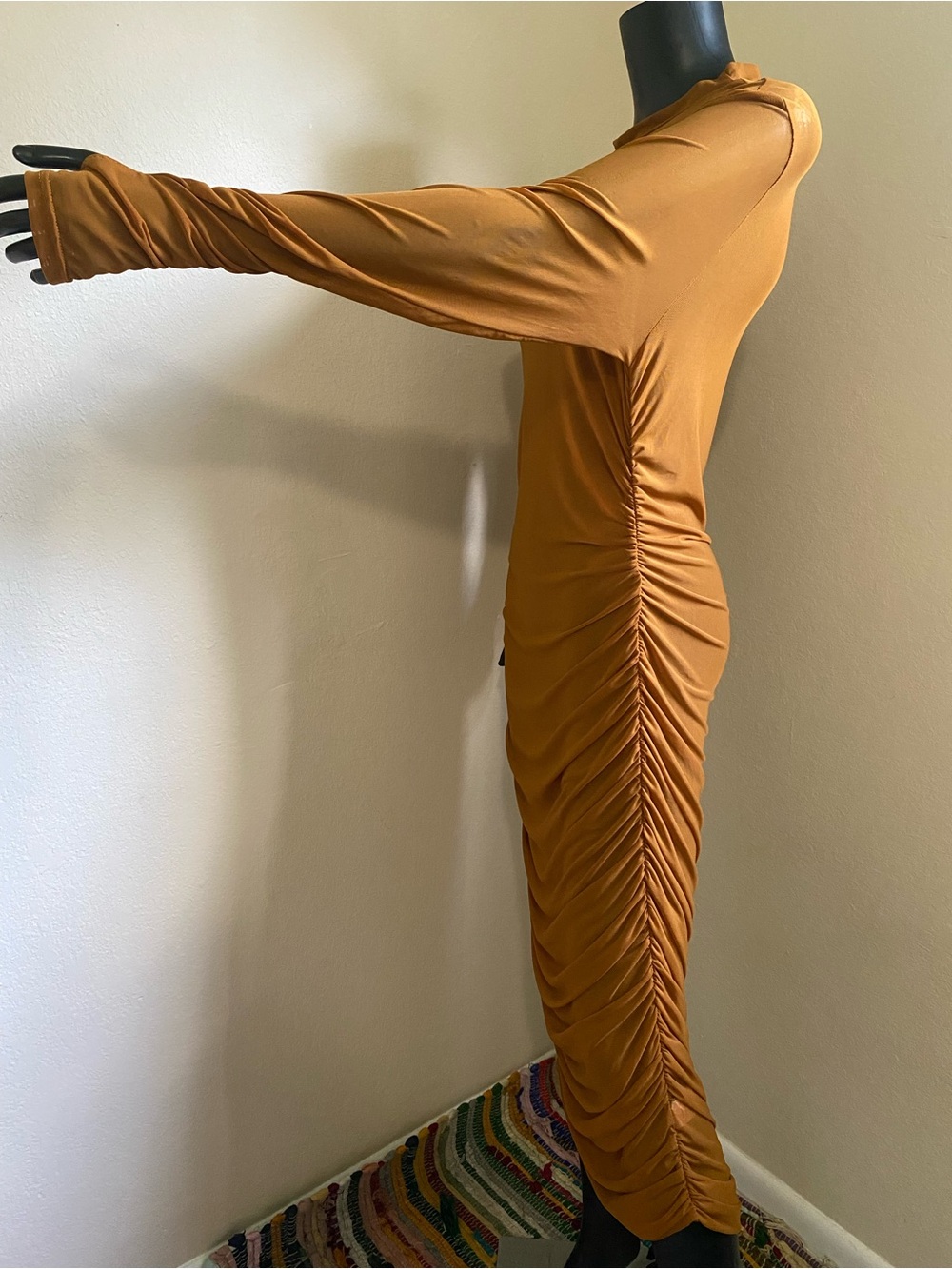 Fashion Nova Free Bird Tan Brown Sheer Long Sleeve Ruched Midi Dress NWTs - Picture 5 of 14